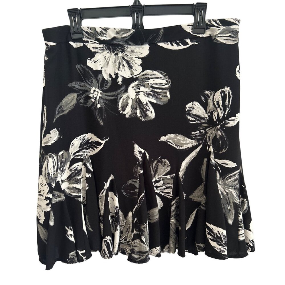Investments Petites Women's Black & White Floral Flared Skirt Size 14P